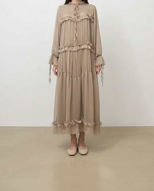 Beige ruffle chiffon dress