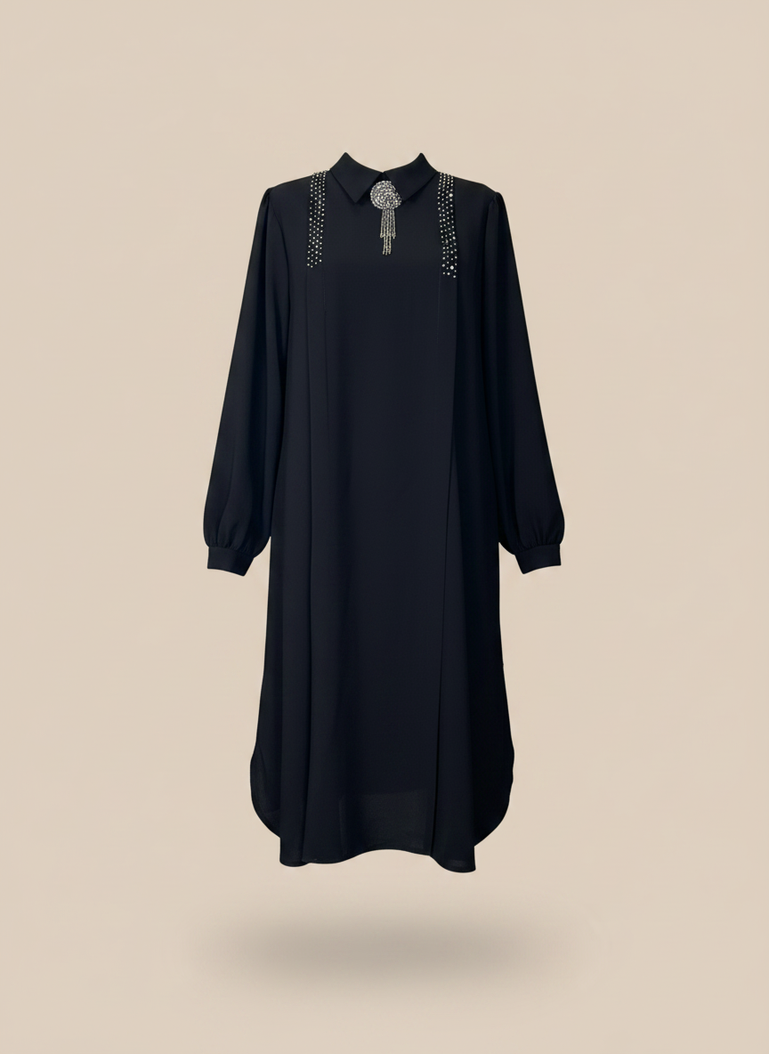 Black Long shirt with flower brooch